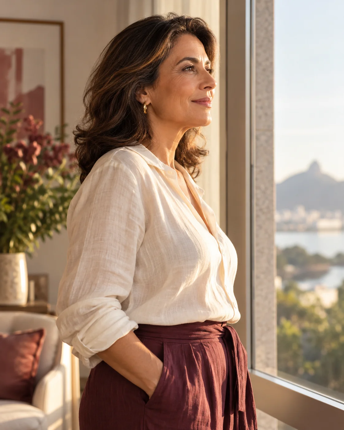 Mulher adulta em um momento tranquilo junto à janela