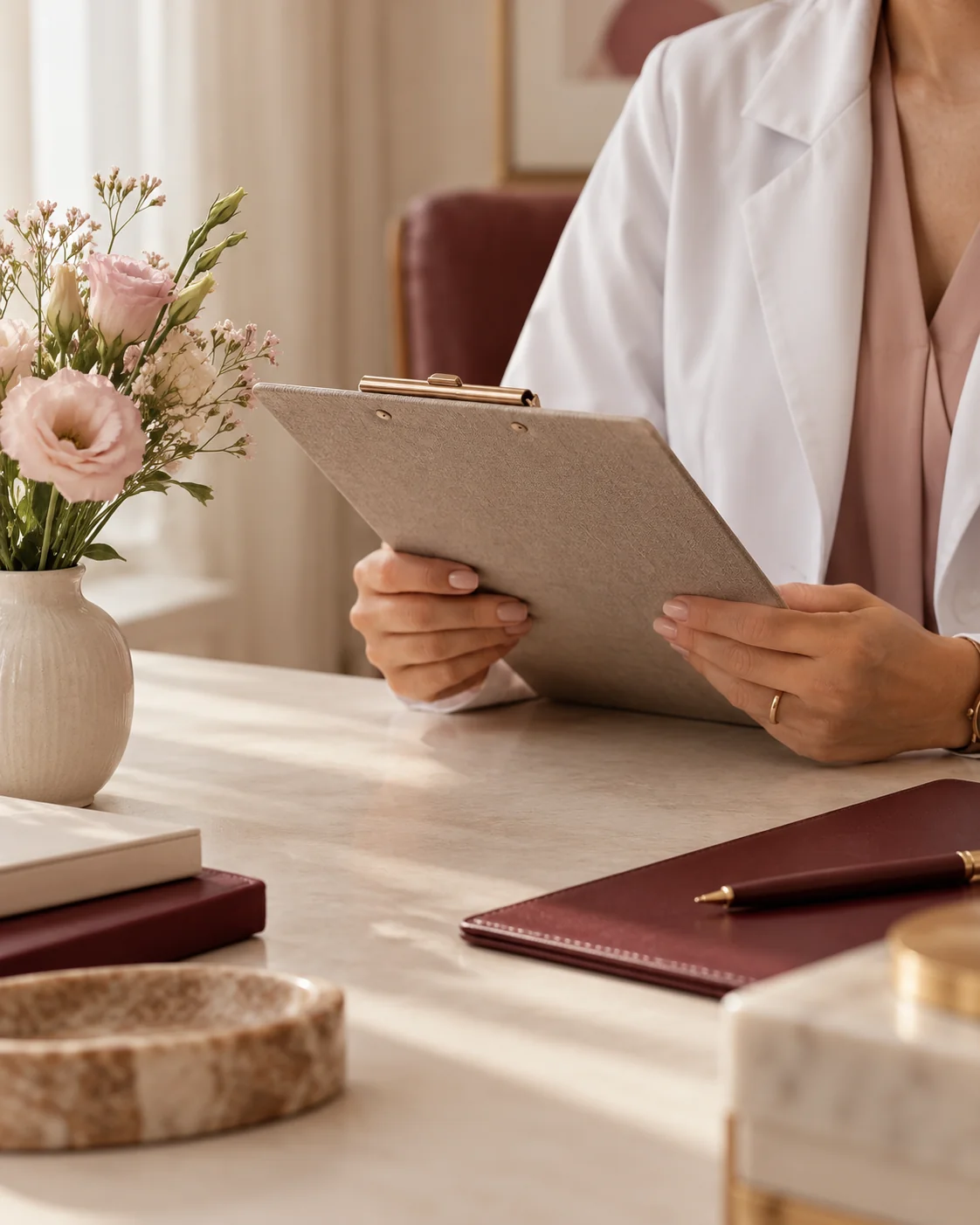 Mesa de consulta preparada para atendimento ginecológico